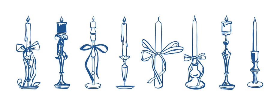 Set of hand drawn vintage elegant candles with outline bows in blue color. illustration in retro sketch parisian style. illustration vector
