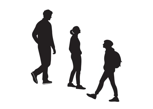 A silhouette illustration of three people walking. The figures appear to represent a man, a woman, and a child carrying a backpack vector