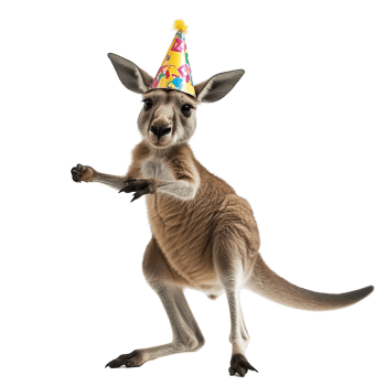 A kangaroo celebrating a birthday with a party hat on its head png