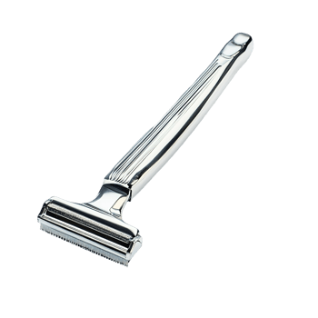 A close up photograph of a shiny metal safety razor png