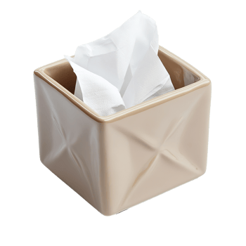 A beige ceramic square tissue box with protruding white tissues png