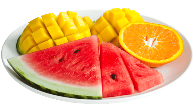 Fresh Sliced Mango Watermelon and Orange Fruit Platter on White Plate png