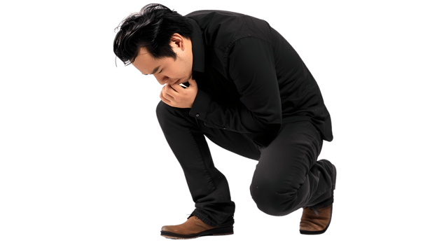 A contemplative individual in a crouched position deep in thought or prayer wearing dark clot png