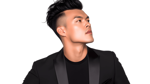 A man in a black suit looking upward with a confident expression ideal for business motivatio png