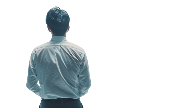 A man in a light blue shirt viewed from behind standing confidently with hands in pockets png