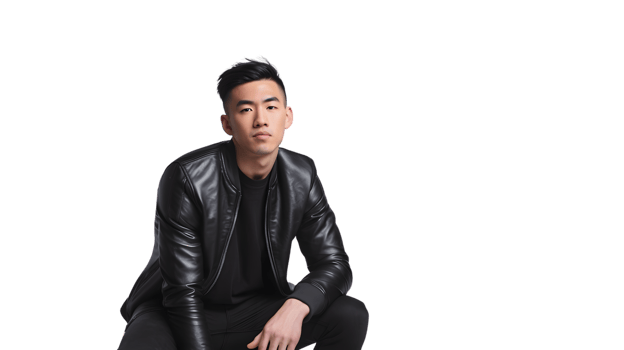 A man in a stylish black leather jacket sitting confidently against a dark background ideal fo png