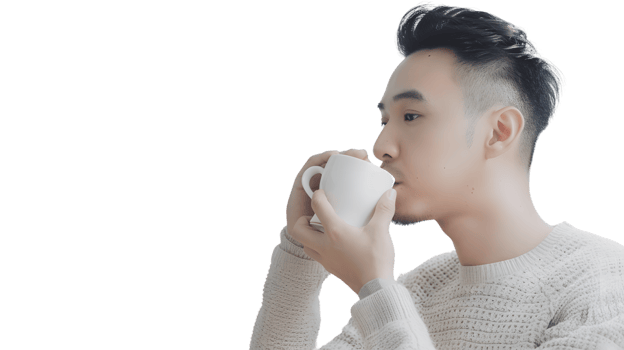 A person enjoying a warm beverage sipping from a white mug in a cozy sweater perfect for them png