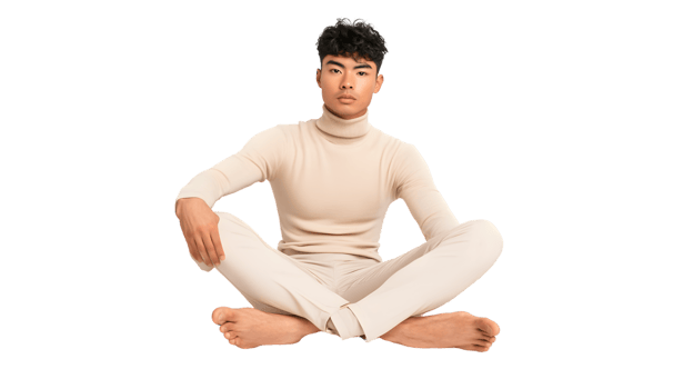 A person in a meditative pose wearing a beige outfit ideal for yoga mindfulness and wellnes png
