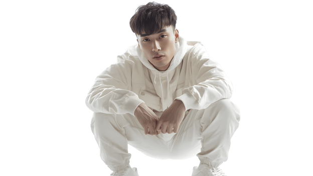 A person in a white outfit crouching confidently against a black background ideal for fashion png