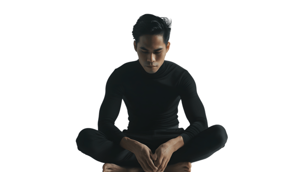 A person meditating in a lotus position wearing a black outfit ideal for mindfulness and well png