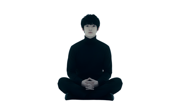 A serene individual meditating in a modern abstract setting with layered geometric patterns png