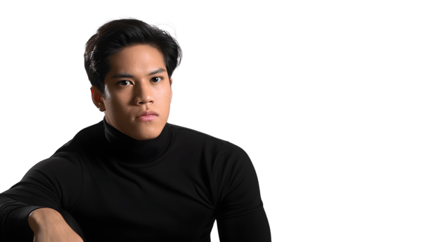 A young individual in a black turtleneck posing confidently against a dark background ideal f png