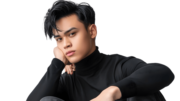 A young individual in a stylish black turtleneck posing confidently with a hand on the chin ag png