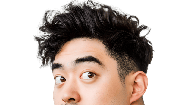 Closeup of a mans expressive eyes and styled hair png