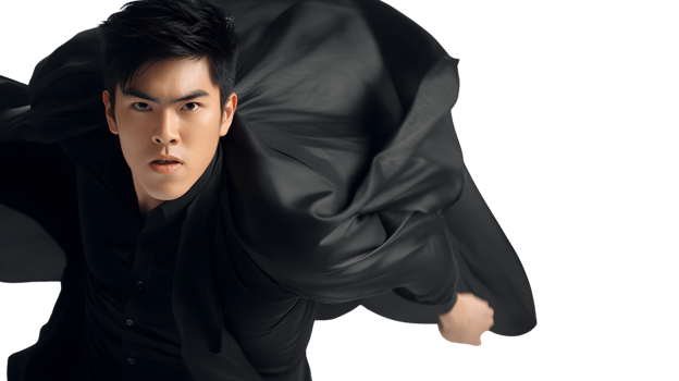 Dynamic Pose of a Man in Black with Flowing Fabric Dramatic Lighting Fashion Photography Hig png