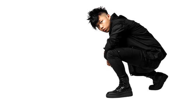 Dynamic Pose of a Person in AllBlack Outfit Crouching with Intense Expression for Fashion Ac png
