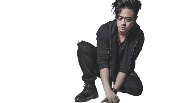 Dynamic Pose of a Person in Casual Streetwear Kneeling with Intense Expression Ideal for Urba png