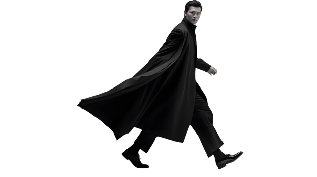 Elegant Man in a Black Coat Walking with Confidence on a Dark Background png