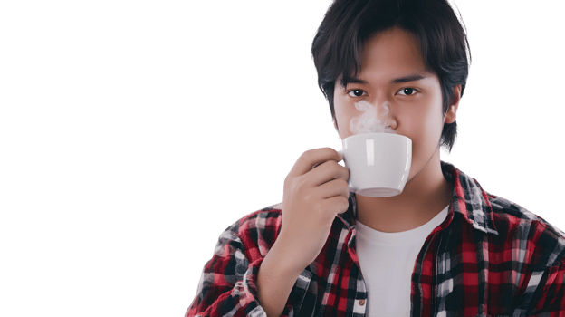 Enjoying a Warm Beverage A Person Sipping Coffee in a Cozy Plaid Shirt png