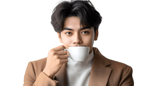 Enjoying a Warm Beverage A Stylish Individual Sipping Coffee in a Cozy Outfit png