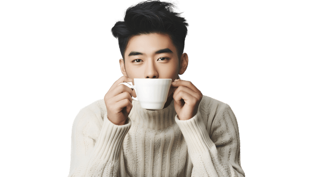 Enjoying a Warm Beverage A Person Sipping from a White Cup in a Cozy Sweater png