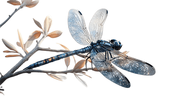 Intricate Blue Dragonfly Perched on a Delicate Branch with Softly Lit Leaves Against a Dark Bac png