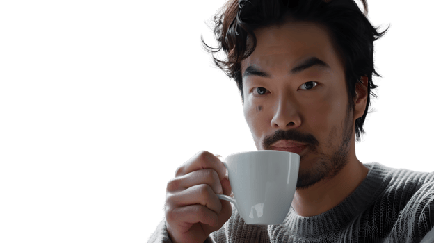 Man Enjoying a Warm Beverage with a White Cup Casual and Relaxed Atmosphere for Lifestyle and png