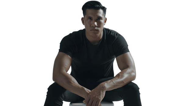 Strong Man in a Casual Pose Muscular Individual Wearing Black TShirt Sitting with Hands Fold png