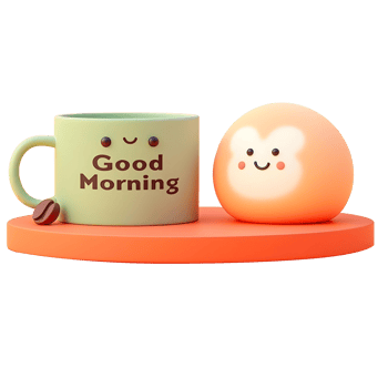 A cute cartoon mug and bun sit on an orange tray. png