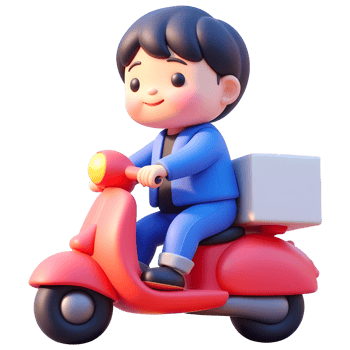 A cute cartoon delivery boy rides a red scooter. png