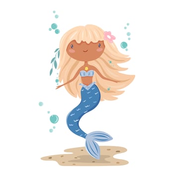 Cute mermaid with long blond hair, isolated on white background vector