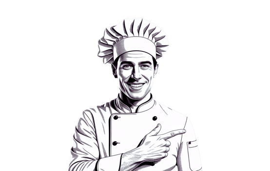 Professional male chef in a white chef uniform and hat, smiling and pointing to the side png