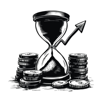 Finance and time concept featuring a clock or hourglass alongside stacks of coins png