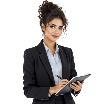 A beautiful young woman in a business suit holding a clipboard png