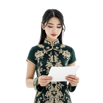 Asian woman in traditional dress holding a piece of paper png