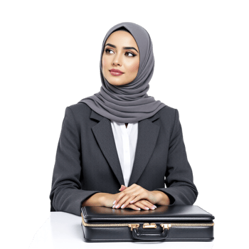 A woman in a hijab sitting at a desk with a briefcase png