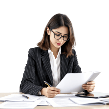 A business woman in glasses is reading a document png