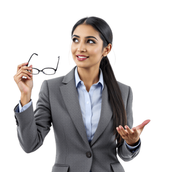 A business woman in a suit holding a pair of glasses png