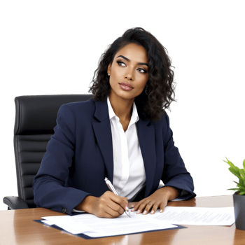 A business woman sitting at a desk with a pen and paper png