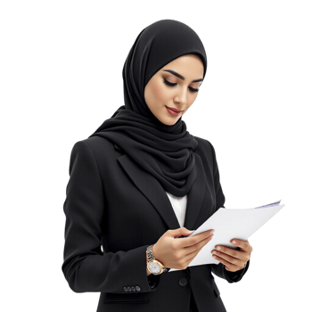 Beautiful muslim woman in black suit holding a piece of paper png