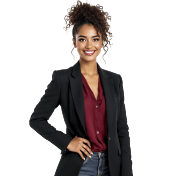 A woman in a black blazer and maroon shirt png