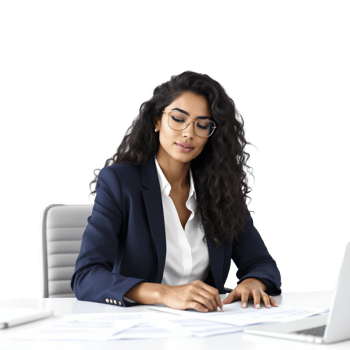 A woman in a business suit sitting at a desk with paperwork png
