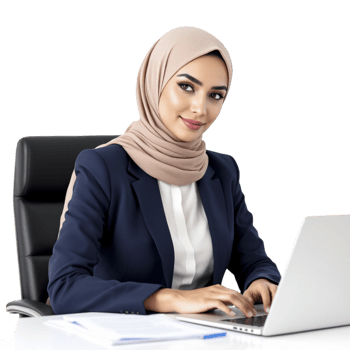 A woman in hijab sitting at a desk with a laptop png