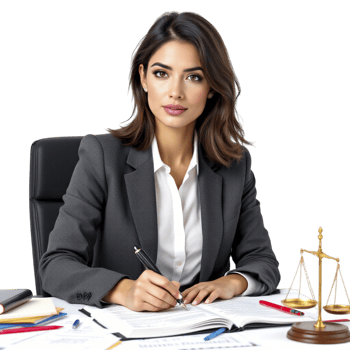A woman in a business suit sitting at a desk with a pen and a notebook png