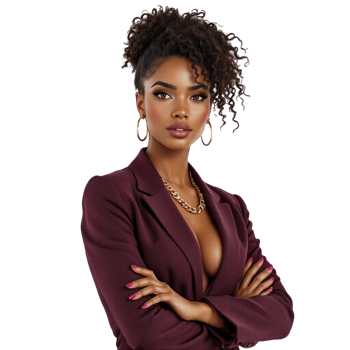 A beautiful young woman in a suit and gold jewelry png