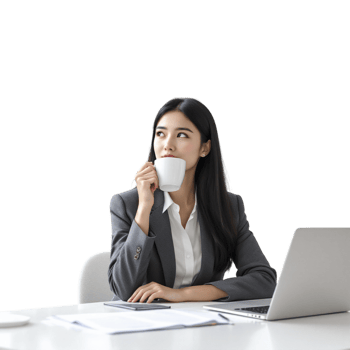 A woman in a business suit is sitting at a desk with a cup of coffee png