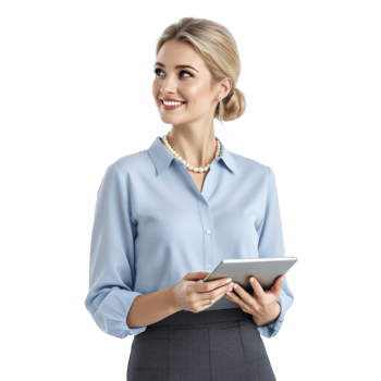 A woman in a blue shirt and skirt holding a tablet png