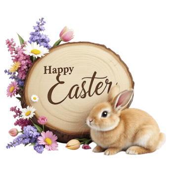 Easter bunny with flowers and wood stump png