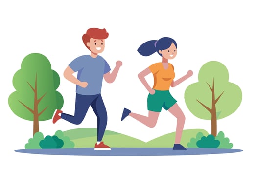 Active Man and Woman Running in Nature Flat Style Character with Trees vector
