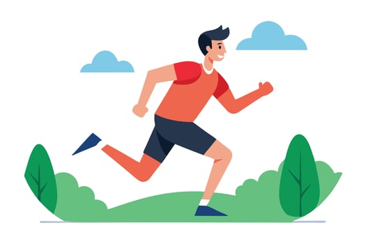 Flat of Young Man Jogging Outdoors on a Green Meadow with Blue Clouds vector